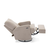 Side view of teddy truffle electric nursery chair, in reclined position, showing footrest & backrest extended out. Showing swivel base, arm rest has the electric recline buttons, next to the usb/c charging points. 