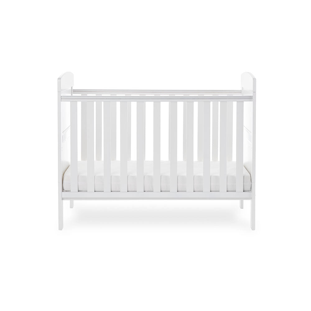 Mini Cot Bed with teething rails, with base on lowest, solid ends with curved top 