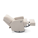 Teddy Ivory Fabric Nursing Chair with electric recline & footrest out showing the swivel base. Armrest has the usb/c charging port next to the recline button. 