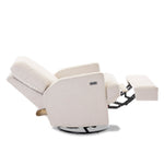 Fully Reclined nursery chair, showing the footrest extended out, the backrest reclined. and showing usb/usbc port next to electric recline buttons. 