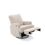 Teddy Ivory Fabric Nursing Chair with electric recline & footrest showing the swivel base. Armrest has the usb/c charging port next to the recline button. 