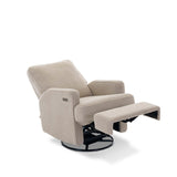 Teddy Truffle Fabric Nursing Chair with electric recline & footrest showing the swivel base. Armrest has the usb/c charging port next to the recline button. 