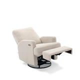 Teddy Ivory Fabric Nursing Chair with electric recline & footrest showing the swivel base. Armrest has the usb/c charging port next to the recline button. 