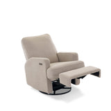 Teddy Truffle Fabric Nursing Chair with electric recline & footrest showing the swivel base. Armrest has the usb/c charging port next to the recline button. 
