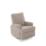 Madison electric recline, swivel, gliding chair, 45 degree angle showing recline button on armrest next to the usb/charging port. 
