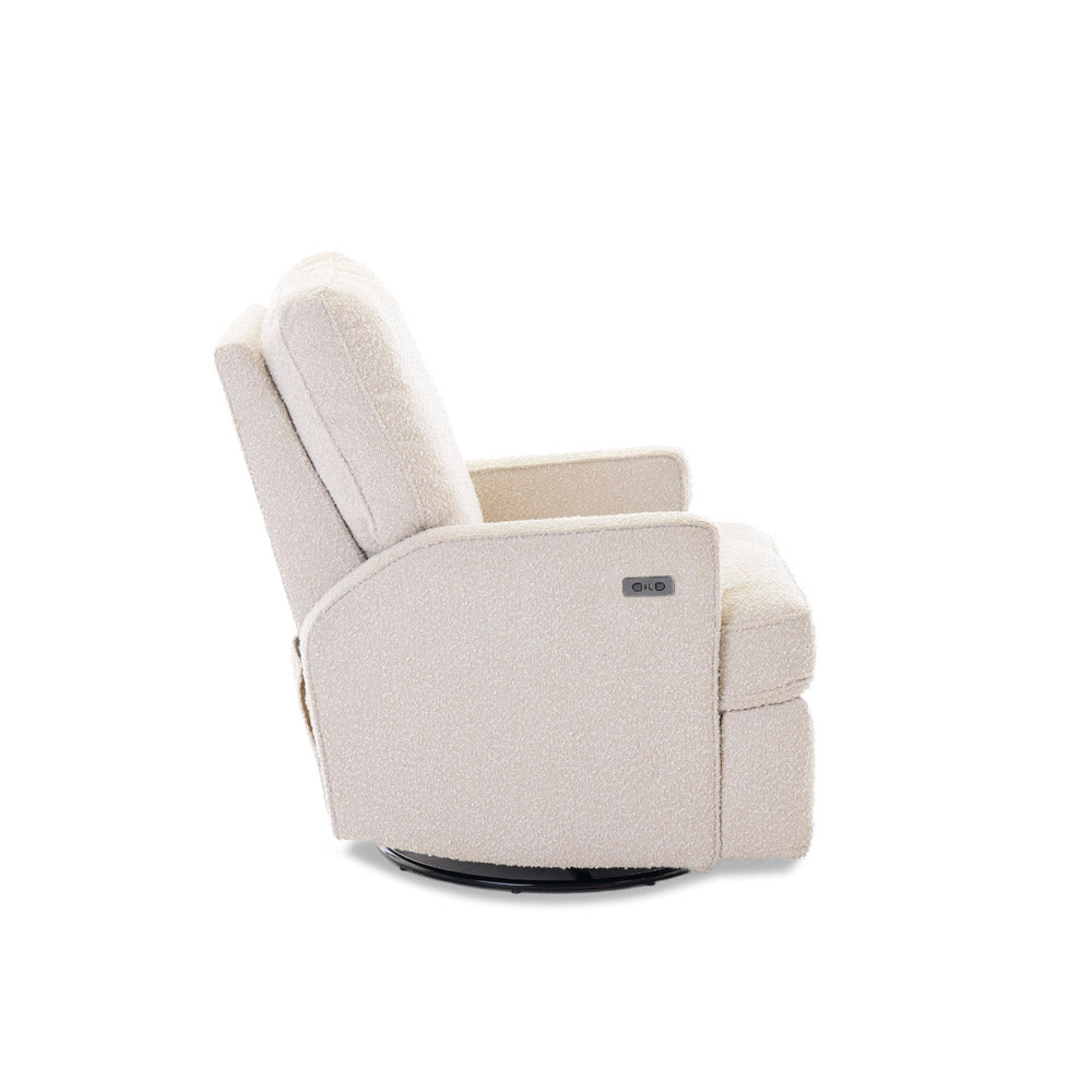 Teddy bear fabric chair in ivory, side view, showing the silver electric buttons & usb & usbc connector on large armrest. 
