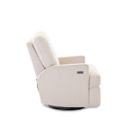 Teddy bear fabric chair in ivory, side view, showing the silver electric buttons & usb & usbc connector on large armrest. 