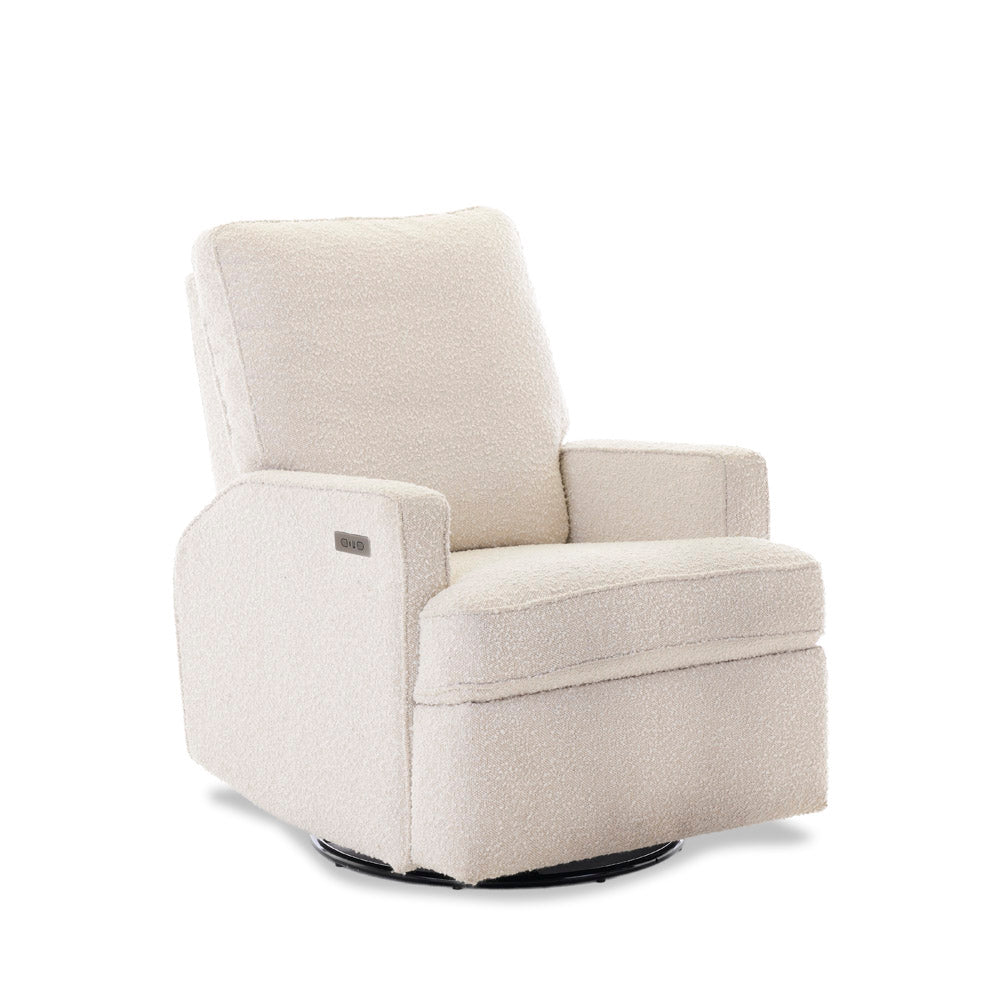 Electric Reclining, swivel, nursery chair, with teddy fabric 45 angle, showing electric recline button & usb / usbc charing point. 