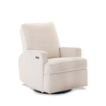Electric Reclining, swivel, nursery chair, with teddy fabric 45 angle, showing electric recline button & usb / usbc charing point. 