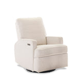 Electric Reclining, swivel, nursery chair, with teddy fabric 45 angle, showing electric recline button & usb / usbc charing point. 