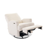 nursery chair, with soft teddy ivory fabric, in recline mode, showing leg rest out & backrest lowered. 