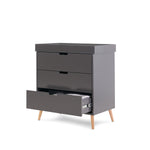 Scandi style dresser with removable changing top fitted, 3 drawers with cut out open handles. 