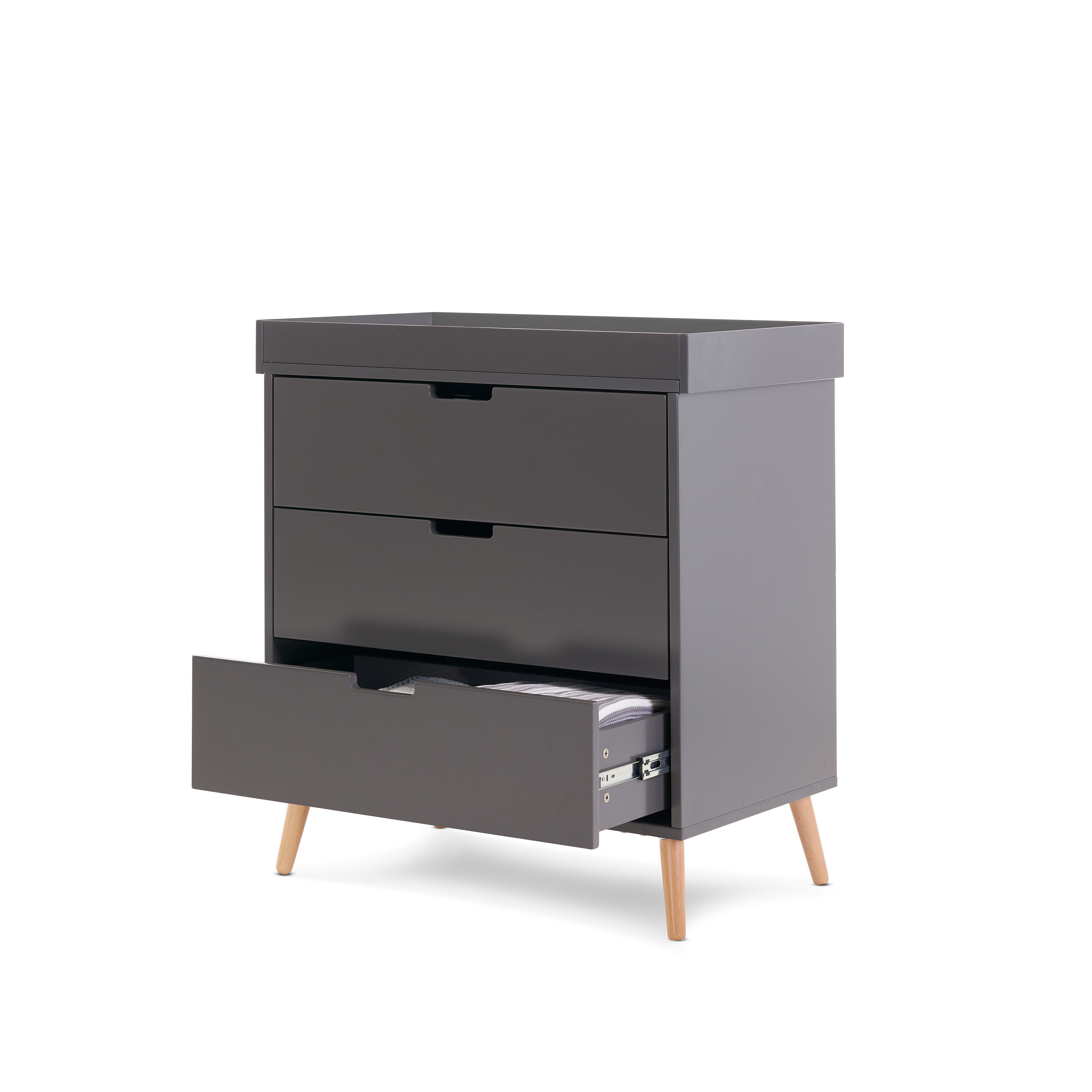 Scandi style dresser with removable changing top fitted, 3 drawers with cut out open handles. 