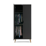 Scandi double wardrobe with 2 rails inside, 2 doors, 1 door with open cut out handle. 