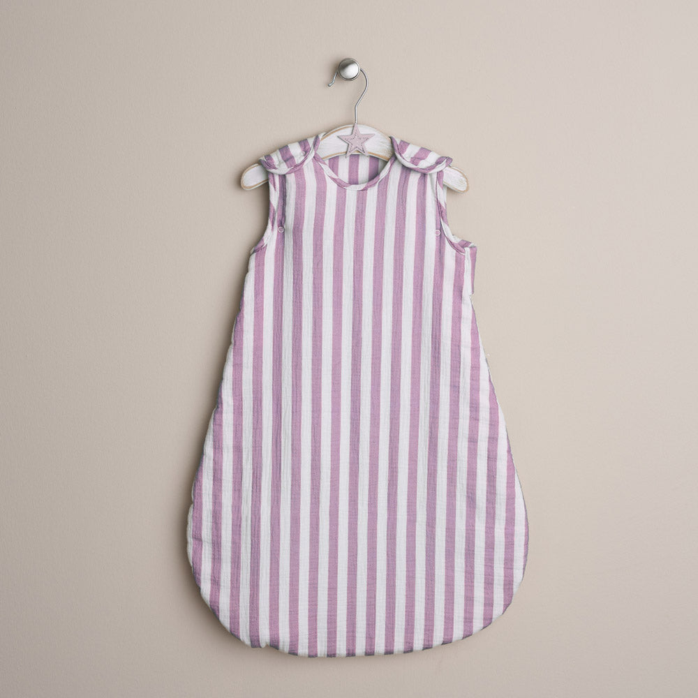 Purple and white striped muslin baby sleeping bag with press stud aroudn the shoulder & arms 
