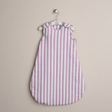 Purple and white striped muslin baby sleeping bag with press stud aroudn the shoulder & arms 