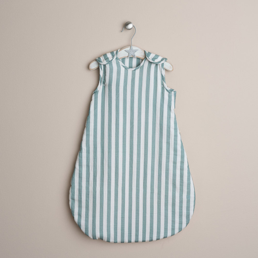 turquoise and white striped muslin baby sleeping bag with press stud around the shoulder & arms 