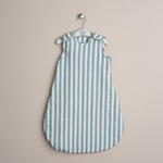 turquoise and white striped muslin baby sleeping bag with press stud around the shoulder & arms 