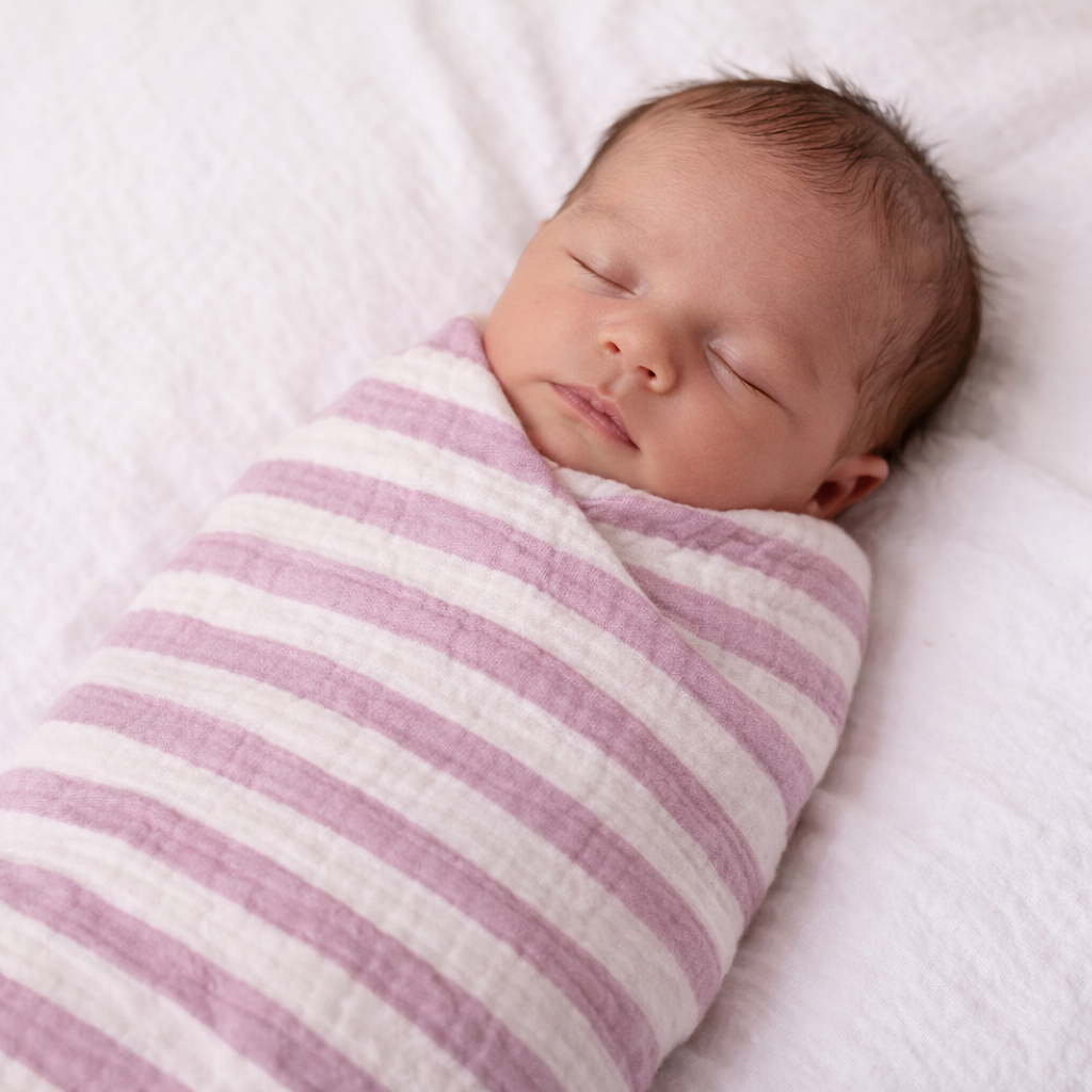Newborn baby swaddled in a pink and white striped muslin blanket on a white background