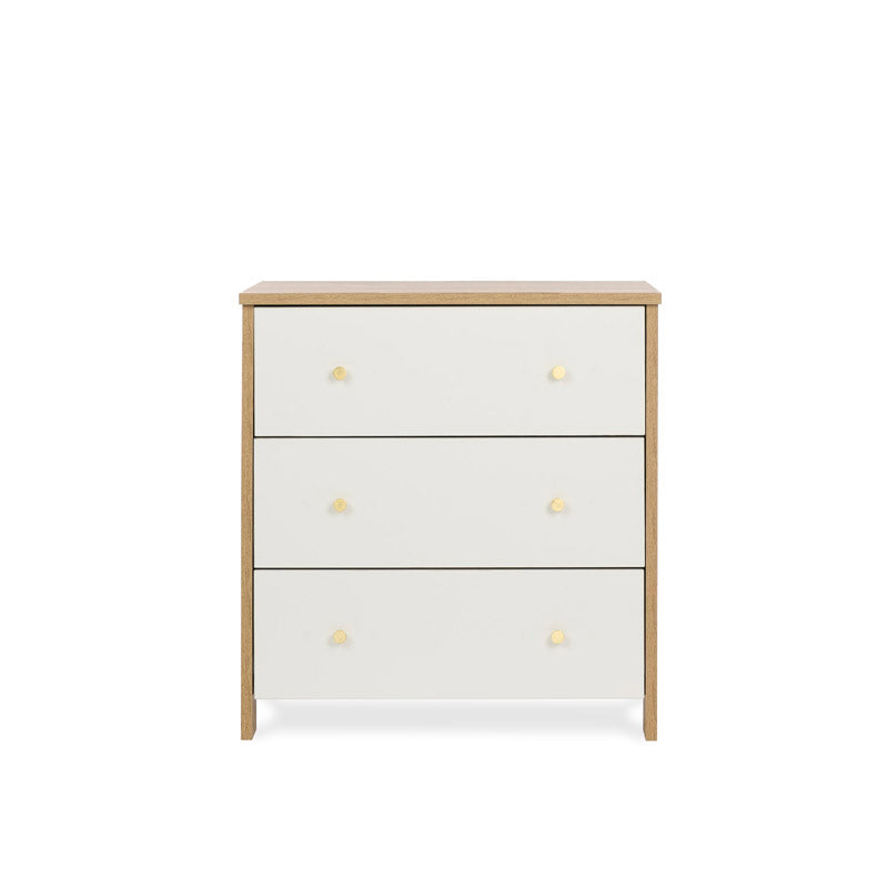 3 drawer changing unit with oak sides & white drawer fronts finsihed off with gold round handles, baby changing top removed, so ideal for lifetime storage. 