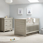 2 Piece Nursery Set includes cot with solid ends, teething rails & wood texture, base on new born setting. Matching Changing unit with 3 drawers & metal handles. 