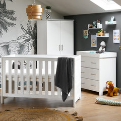 3 Piece nursery set includes cot bed with solid end & teething rail, changing unit has 3 drawers with metal handles & removable changing top, wardrobe has 2 doors & drawer at the bottom. 