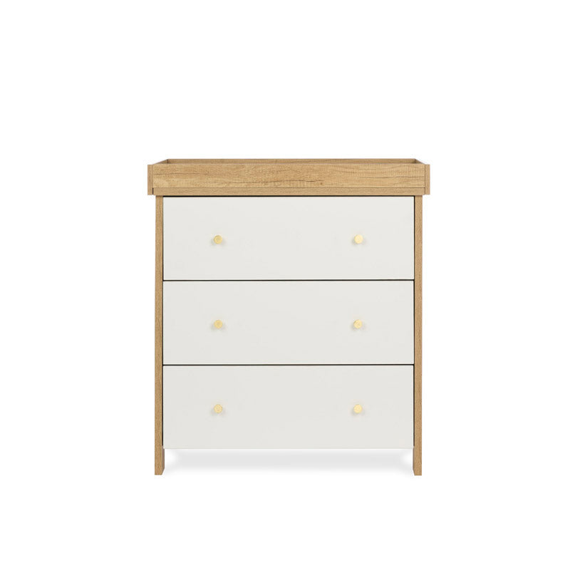 Changing Unit with oak sides & white fronts, 3 drawers, finished with gold round handles & removable changing top in oak. 