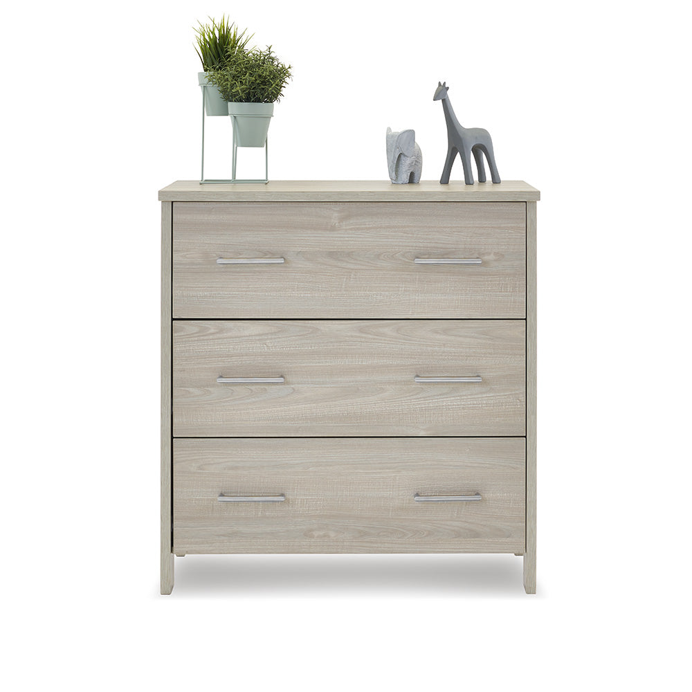 Dresser with changing top removed, 3 drawers with 2 metal handles. 