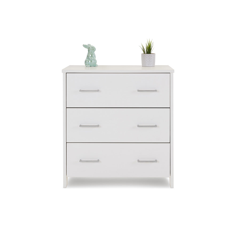 Dresser with changing top removed, has 3 drawers with metal handles. 