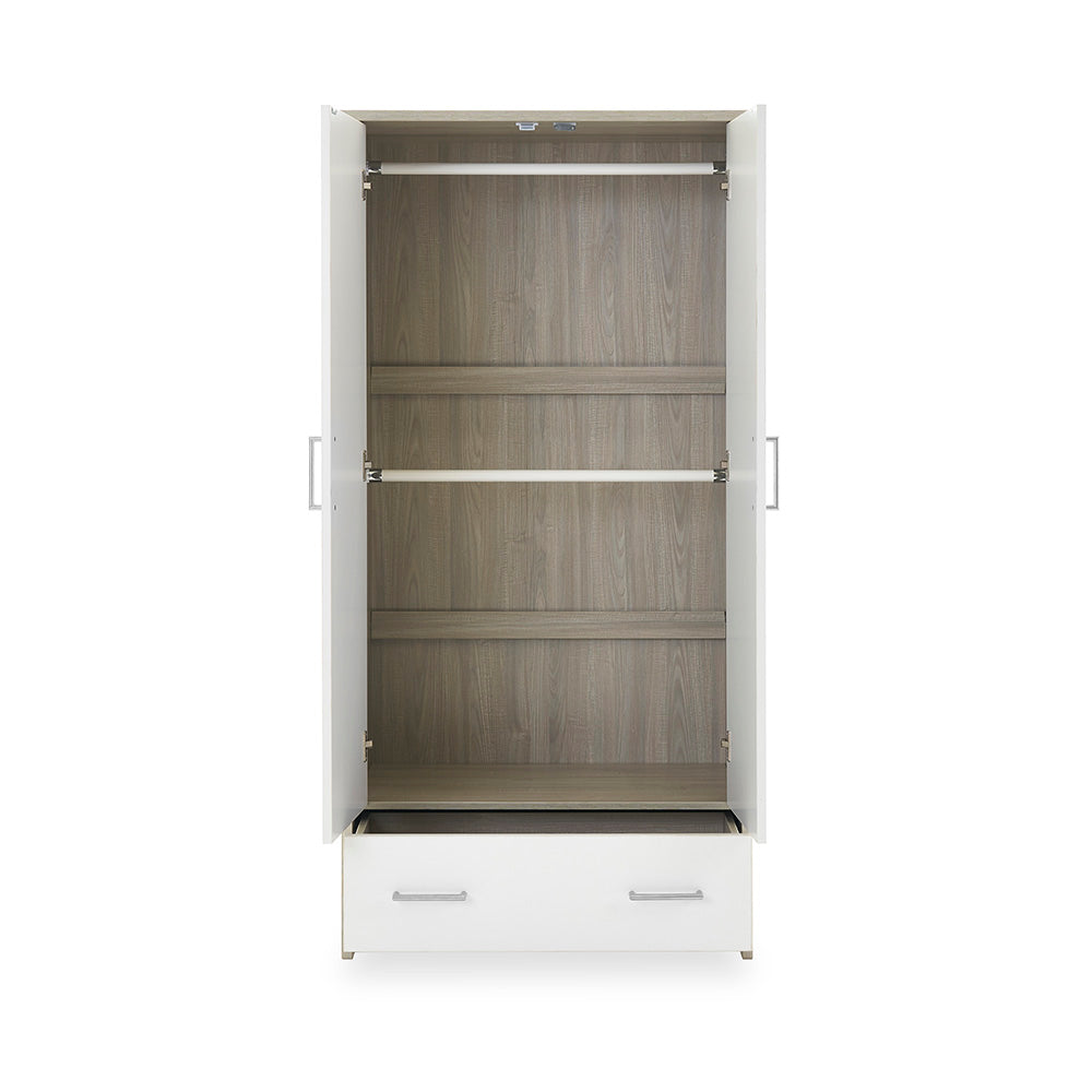 Compact Double Wardrobe with doors open showing 2 hanging rails inside. & drawer at the bottom. with metal handles
