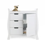 Sleigh Changing Unit, with curved sides, 3 drawers & one door open on the right hand side showing shelves inside. Open Cut handles