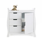 Sleigh Changing Unit, with curved sides, 3 drawers & one door open on the right hand side showing shelves inside. Open Cut handles