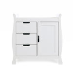 Sleigh Curved edge with 3 drawers on the left hand side & door on the right hand sides, all with open cut handles. 