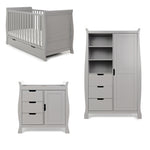 Sleigh Nursery 3 Piece Nursery Set, Cot Bed has solid ends, with curved edges, teething rails on the sides & under drawer included with cut out handles. Changing unit has curves sides, with 3 drawers on the left hand side & door on the right hand sides, the  double wardrobe has 3 display shelves with 3 drawer underneath, full length door on the right hand side, all with cut out handles. 