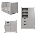 Sleigh Nursery 3 Piece Nursery Set, Cot Bed has solid ends, with curved edges, teething rails on the sides & under drawer included with cut out handles. Changing unit has curves sides, with 3 drawers on the left hand side & door on the right hand sides, the  double wardrobe has 3 display shelves with 3 drawer underneath, full length door on the right hand side, all with cut out handles. 