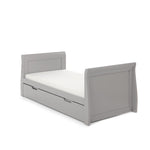Sleigh Cot bed, converted into a toddler by removing the sides & splitting the solid ends, under drawer included with cut out handles. 