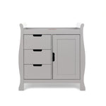Sleigh changing unit with curved sides, left hand side has 3 drawers & right hand side has door, all with open cut out handles. 