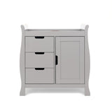 Sleigh changing unit with curved sides, left hand side has 3 drawers & right hand side has door, all with open cut out handles. 