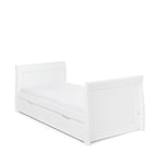 Sleigh Cot bed in toddler bed mode, by removing the sides & splitting the solid ends. Under Drawer incudes with cut out handles. 