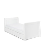 Sleigh Cot bed in toddler bed mode, by removing the sides & splitting the solid ends. Under Drawer incudes with cut out handles. 