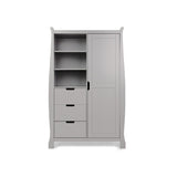 Sleigh wardrobe with curved sides, left hand side has 3 display shelves & drawers underneath. Right hand side has a full length door , all with cut out handles. 
