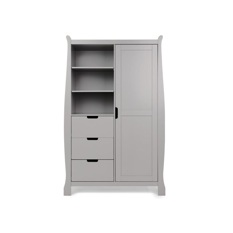 Sleigh wardrobe with curved sides, left hand side has 3 display shelves & drawers underneath. Right hand side has a full length door , all with cut out handles. 
