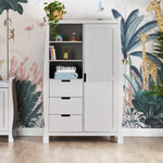 Sleigh Wardrobe with curved sides, 3 display shvles on the left hand side with 3 drawer underneath, full length door on the right hand side, all with cut out handles.