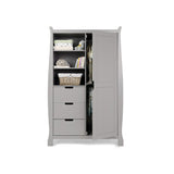 Sleigh double wardrobe with curved sides, left hand side has 3 display shelves with drawers underneath, right hand side has a full length door open showing 2 rails inside, all handles are open cut outs.