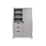 Sleigh Double Wardrobe, with curved edges. left hand side with 3 display shelves & drawers, right hand side has full length door all with cut out handles.