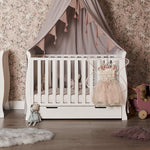 Mini Sleigh Cot Bed with rails on all 4 sides. Under Drawer included with open cut open handles. 