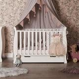 Mini Sleigh Cot Bed with rails on all 4 sides. Under Drawer included with open cut open handles. 