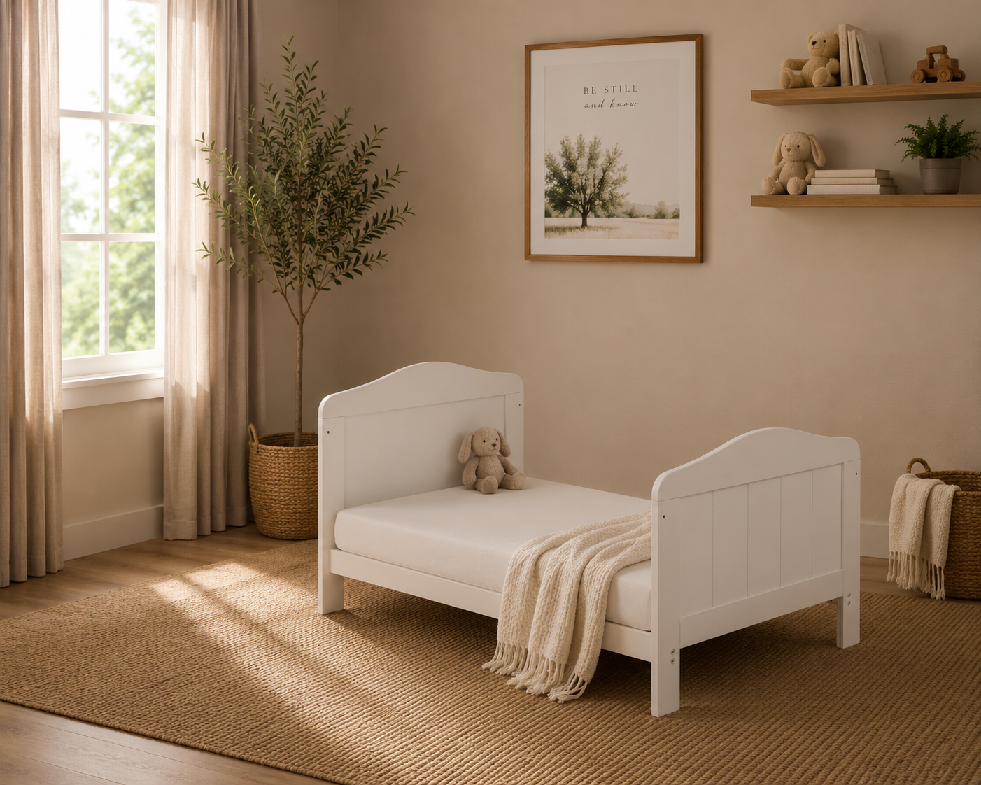 cot bed in toddler bed mode. slatted ends finished with curve tops in nursery setting, 