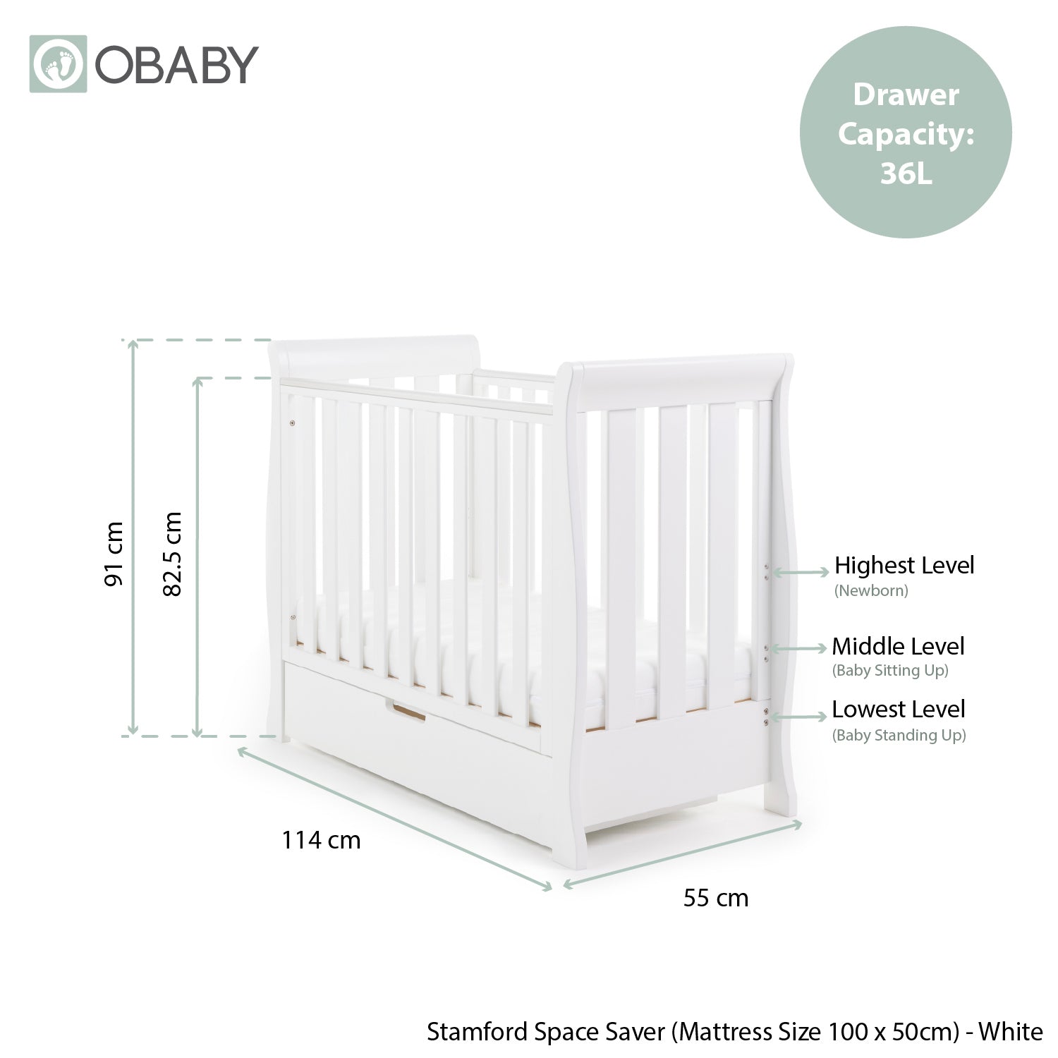 Stamford Space Saver Sleigh Cot White – Obaby