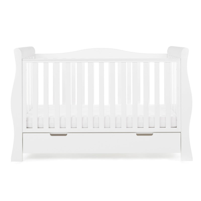 Sleigh Cot Bed with base at lowest setting & under drawer included. 